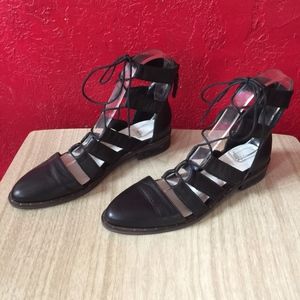 Strappy Lace Up Black Leather Shoes, Spain